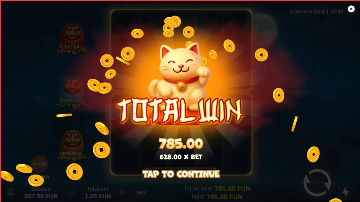 Tampilan visual slot 3 Daruma Dolls dengan latar belakang kuil Jepang dan boneka Daruma